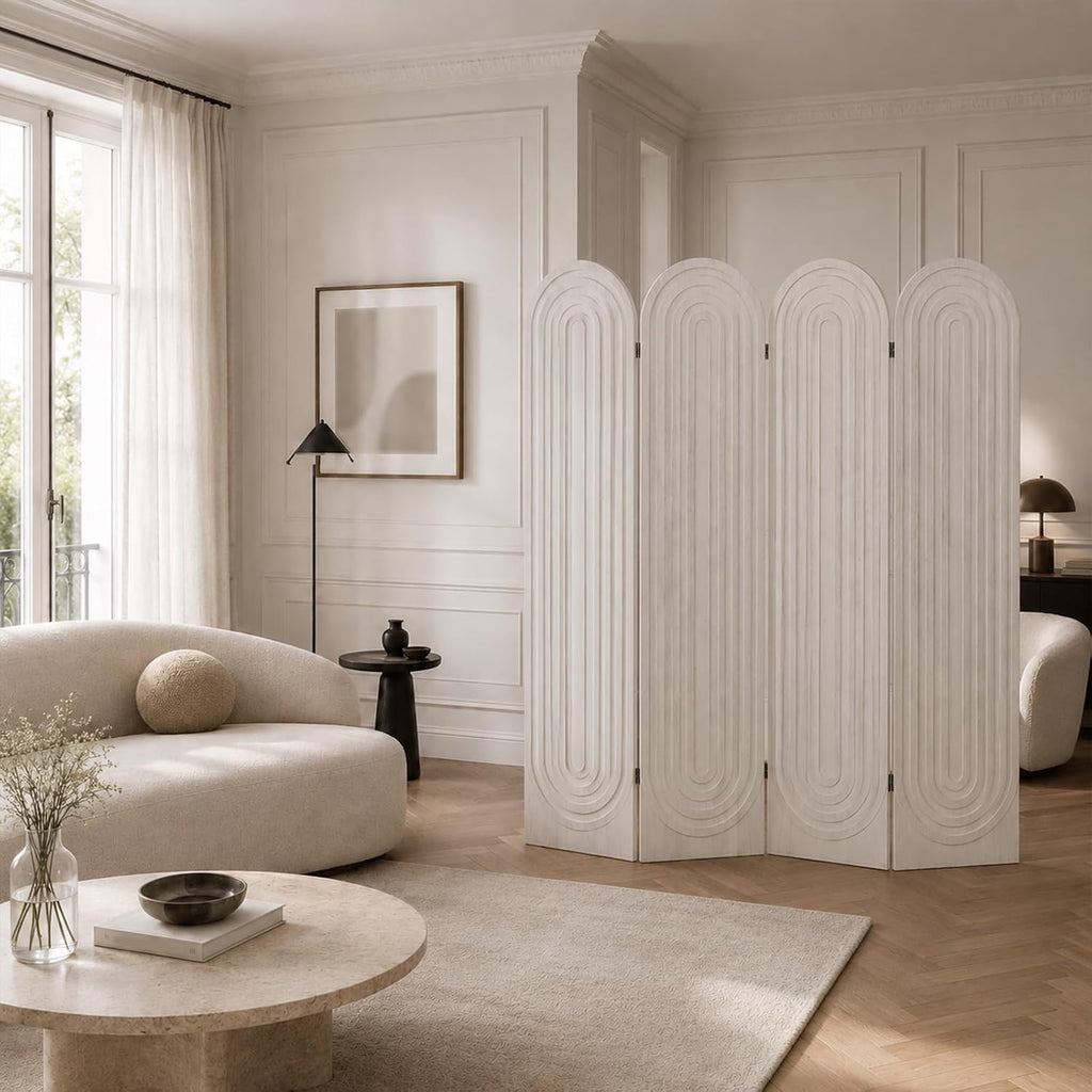 Room Divider and Folding Privacy Screen 4 Panel Wood Arched Room Divider Wall, Separators Divider for Room Separation, Folding Portable Partition Screen for Home Office Bedroom (White)