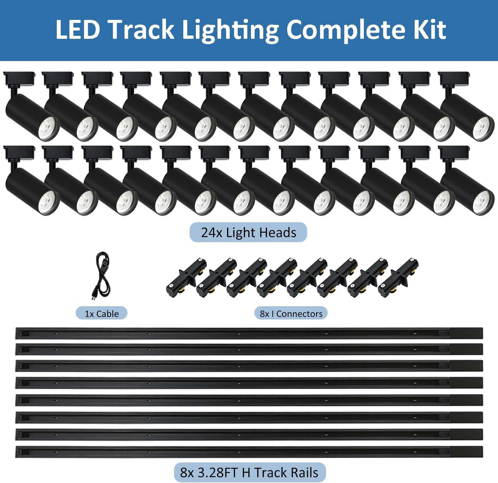 H Type LED Track Lighting Heads Kit, 24 Heads 3000K Warm White with 26.2FT Track Rail, 20W 2400lm High Brightness, Angle Adjustable Track Light