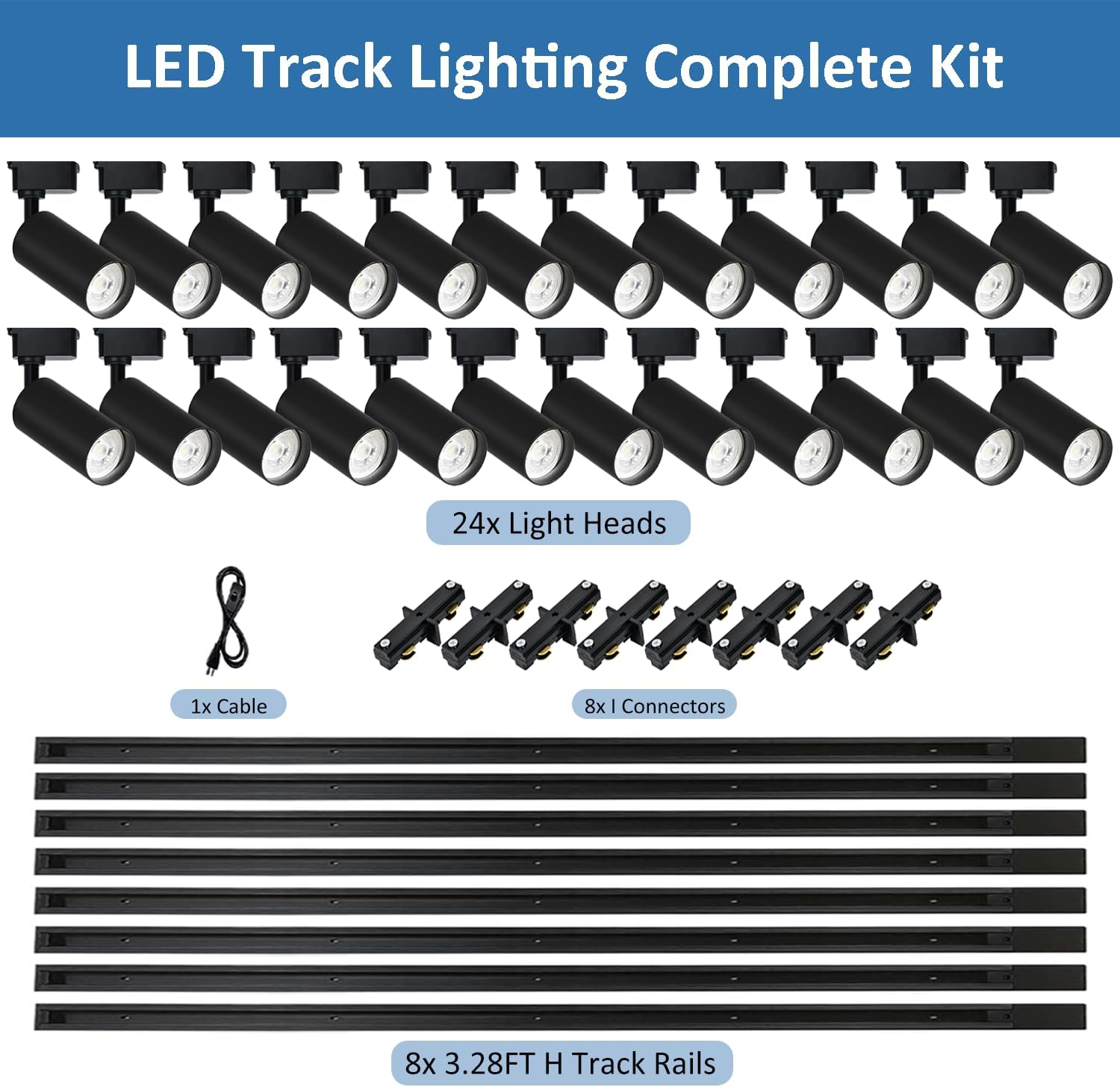 H Type LED Track Lighting Heads Kit, 24 Heads 3000K Warm White with 26.2FT Track Rail, 20W 2400lm High Brightness, Angle Adjustable Track Light