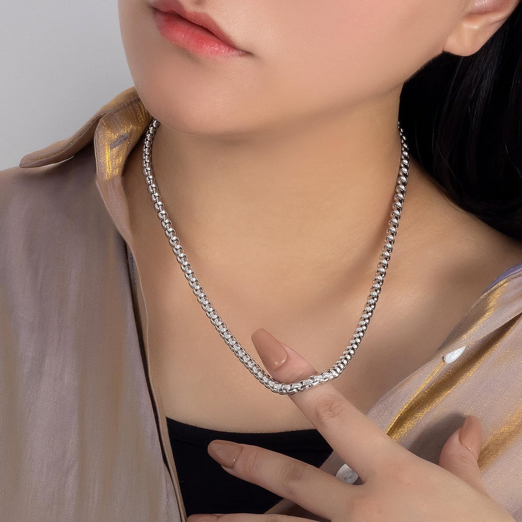 Dankadi Men 925 Sterling Silver 5MM Square Rolo Link Necklace Women Round Box Chain 16' 18' 20' 22' 24' 26' 28' 30' 38' Choker Unisex Jewelry Gift (Silver, 28 inch)