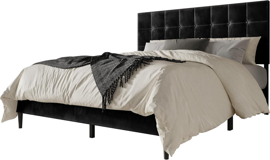 HOME DESIGN Marion Queen Tufted Upholstered Platform Bed with Grid-Tufted Tall Headboard & Wooden Slat Support, Modern Bedroom Furniture, Black