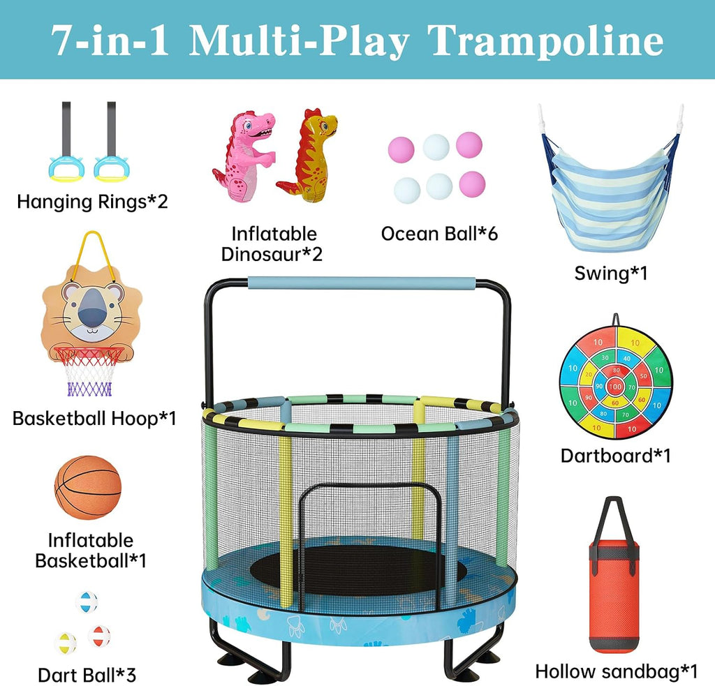 Lamerge Kids Trampoline, Toddler Bouncing Trampoline with Safety Enclosure Net, ASTM-Approved, 500lbs Capacity, Ages 1-8, Adjustable Handrail, 7-in-1, 60'