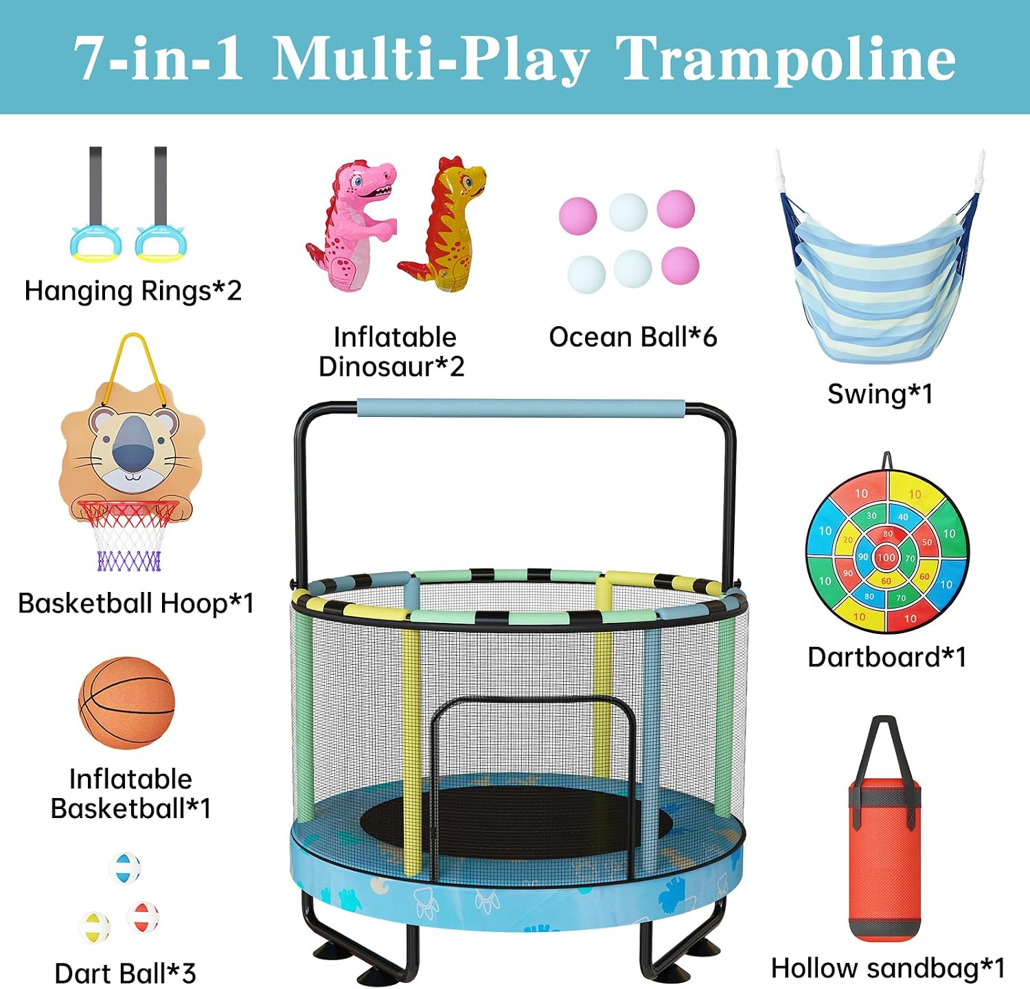 Lamerge Kids Trampoline, Toddler Bouncing Trampoline with Safety Enclosure Net, ASTM-Approved, 500lbs Capacity, Ages 1-8, Adjustable Handrail, 7-in-1, 60'
