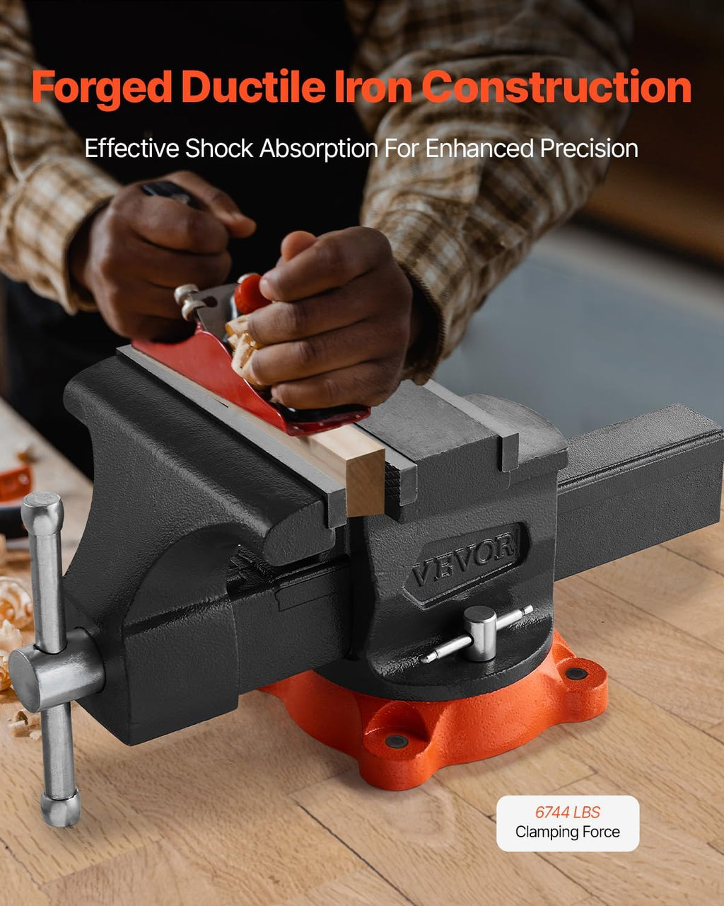 VEVOR Bench Vise, 8' Jaw Width, 8' Max Jaw Opening Multipurpose Vise with 360° Swivel Locking Base, 3.7' Throat Depth, Heavy Duty Ductile Iron Workbench Vise, Two-Way Jaws for Clamping Round Pipes