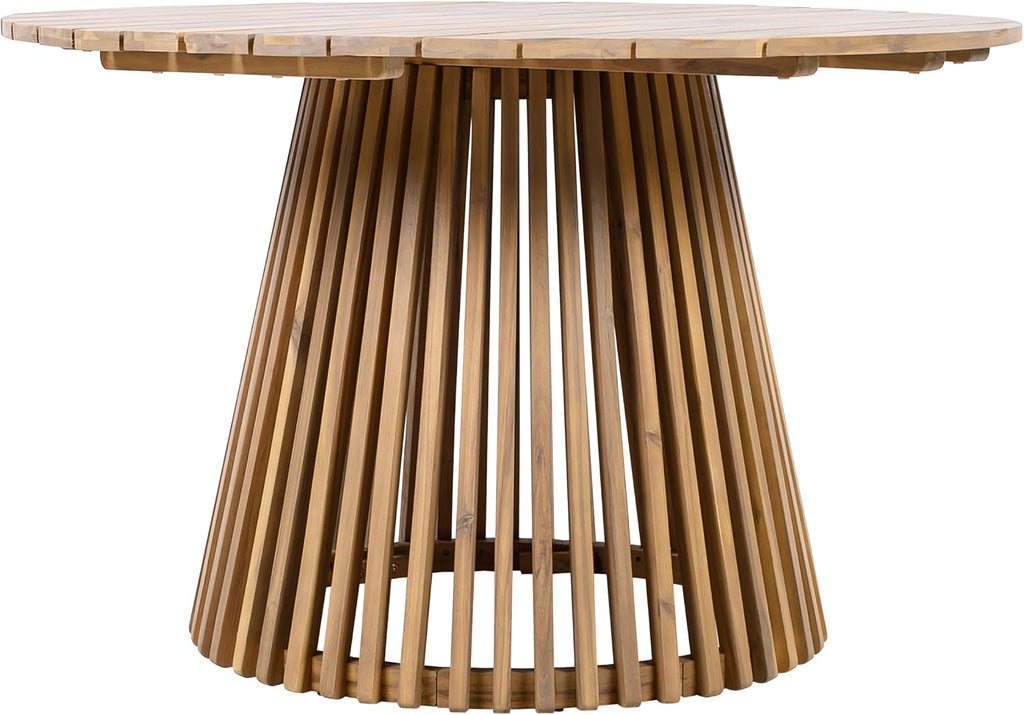 Christopher Knight Home Briar Farmhouse Acacia Wood Round Dining Table, Patio Dining Room Table with Unique Wooden Base for Backyard/Garden, Slatted Design Outdoor Dining Table, Light Teak