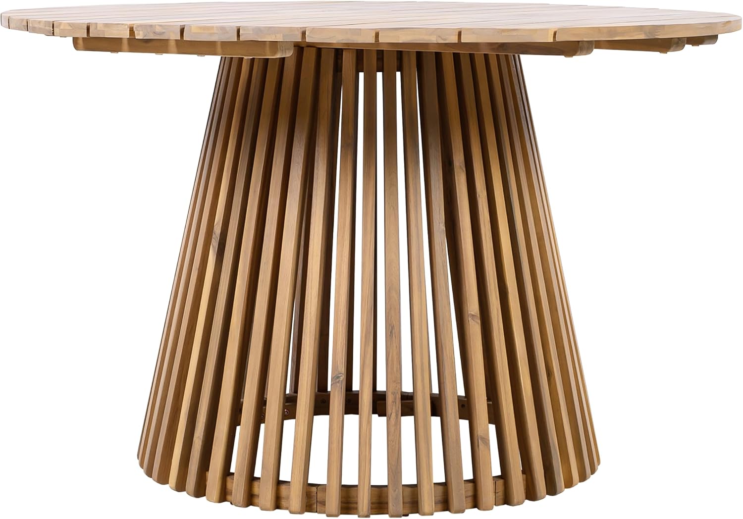 Christopher Knight Home Briar Farmhouse Acacia Wood Round Dining Table, Patio Dining Room Table with Unique Wooden Base for Backyard/Garden, Slatted Design Outdoor Dining Table, Light Teak