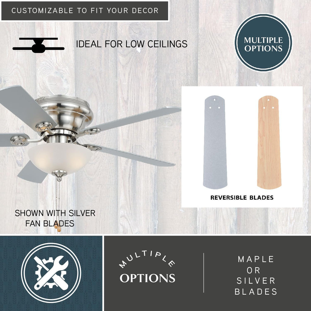 VAXCEL Expo 42 in. Satin Nickel Indoor Low Profile Flush Mount Transitional Ceiling Fan with Reversible Maple-Silver Blades, LED Light Kit and Pull Chain Included, 3 Speeds, White Frosted Glass Shade