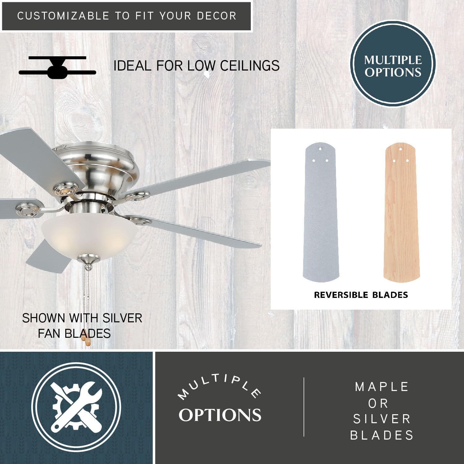 VAXCEL Expo 42 in. Satin Nickel Indoor Low Profile Flush Mount Transitional Ceiling Fan with Reversible Maple-Silver Blades, LED Light Kit and Pull Chain Included, 3 Speeds, White Frosted Glass Shade