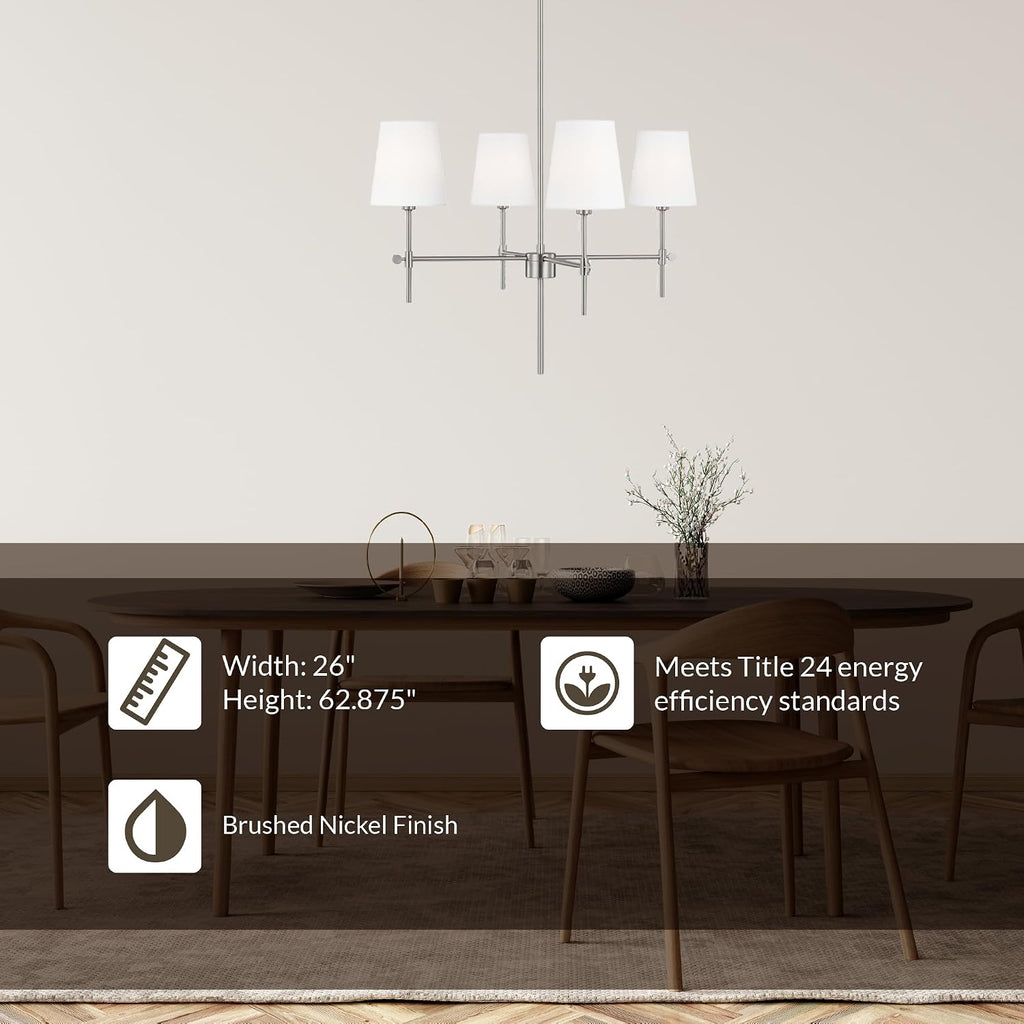 Generation Lighting 4-Light Baker Chandelier Brushed Nickel 3287204-962 | Modern Ceiling Light Fixture for Room Decor| Chandelier for Dining Room or Living Room Uses Standard or LED Light Bulbs