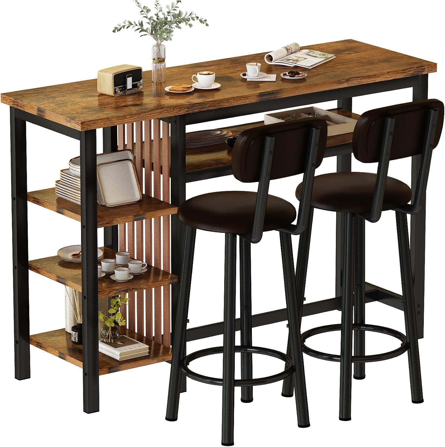 Recaceik 3 Piece Bar Dining Table Set, Modern Bar Table and Stools for 2, Kitchen Counter Height Dining Table Set with 4 Storage, Breakfast Nook Set Pub Table with Backrest