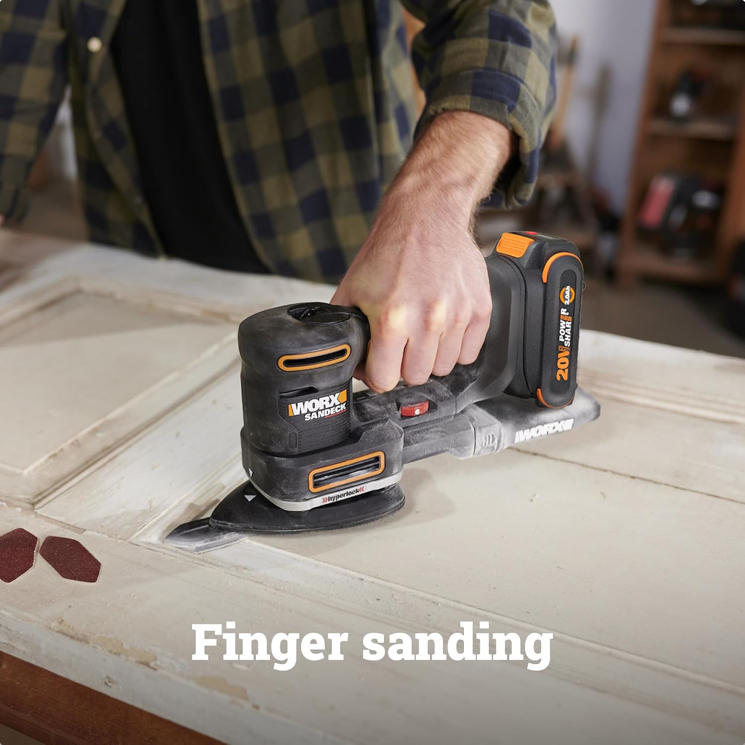 WORX Cordless Sander, 20V 10,000 orbits/minute Electric Sander, 5-in-1 Functions, Tool-less Sanding Pad Change, Tool Only, PowerShare