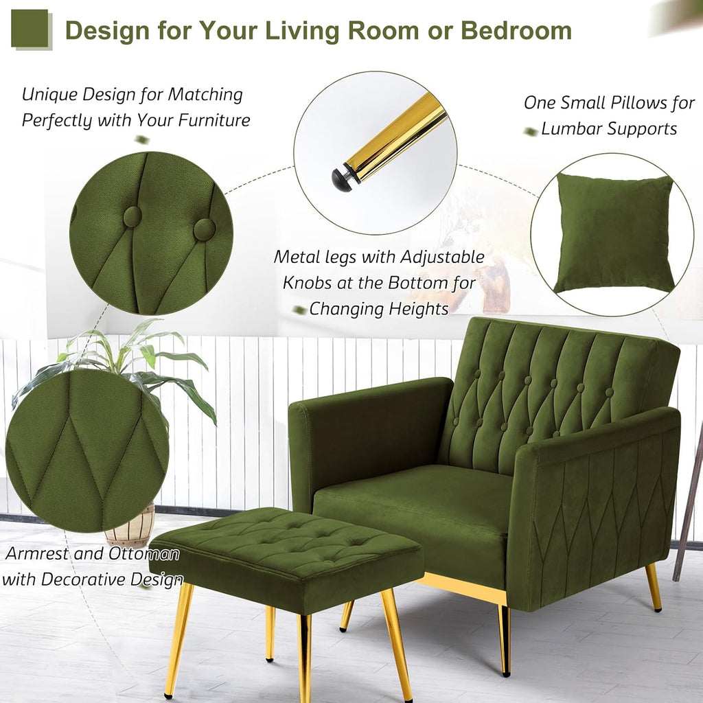 Velvet Accent Chair w/Adjustable Armrests and Backrest, Button Tufted Lounge Chair, Single Recliner Armchair with Ottoman and a Pillow for Living Room, Bedroom,Olive Green