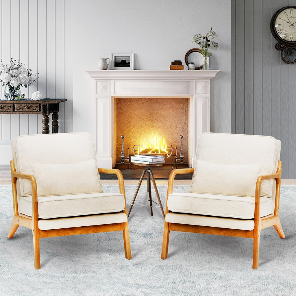 MALOL Modern Accent Chair with Lumbar Pillow, Relaxing Mid Century Chair Armchair with Solid Wood Frame & Soft Cushion, Reading Leisure Armchair for Living Room, Beige