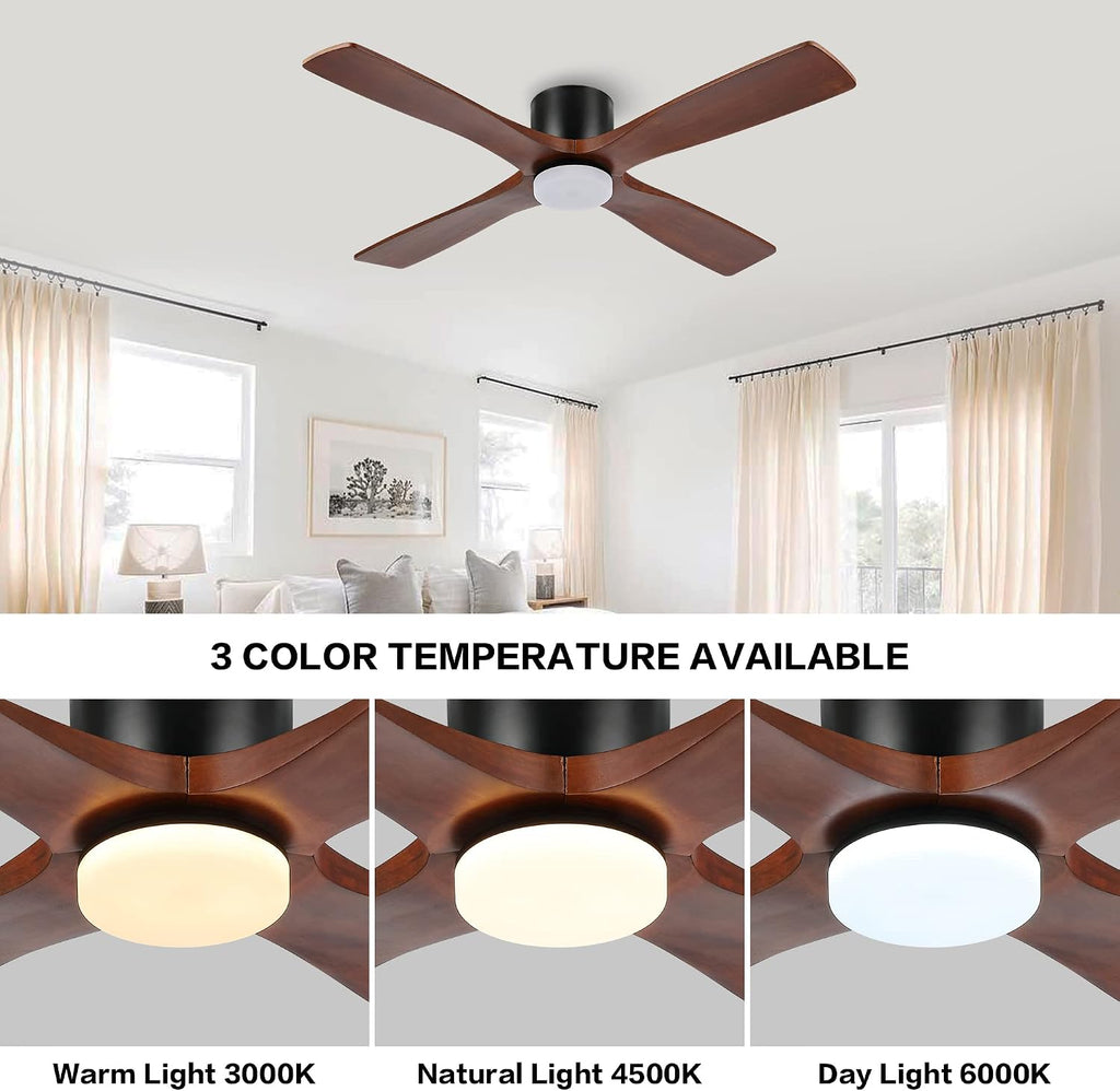 WINGBO 48 Inch Flush Mount DC Ceiling Fan with Lights and Remote, 4 Reversible Carved Wood Blades, 6-Speed Noiseless DC Motor, Hugger Ceiling Fan in Matte Black Finish with Walnut Blades