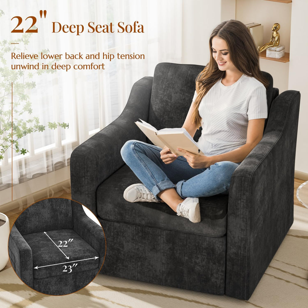 360° Swivel Accent Chair, Large Comfy Reading Chair, Square Single-Seat Armchair Upholstered Sofa for Reading, Nursery, Living Room, Bedroom, Lounge, Hotel, Black