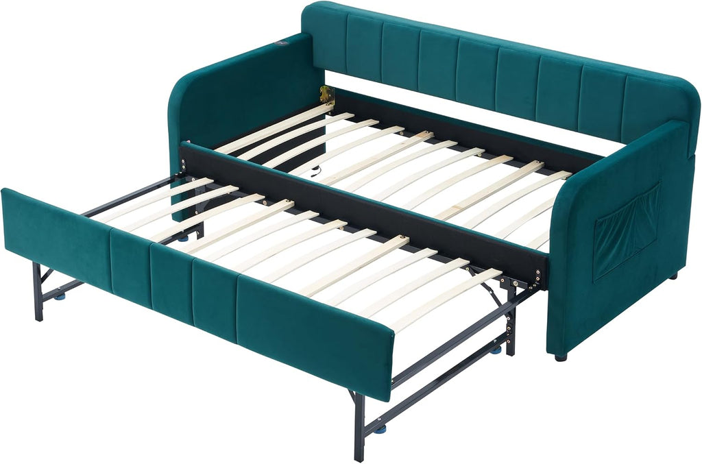 DNYN Twin Size Velvet Daybed Frame with Pop-up Trundle Bed for Bedroom Guest/Living Room, Space-Saving Upholstered Sofabed with USB Port & Side Pocket, No Box Spring Needed