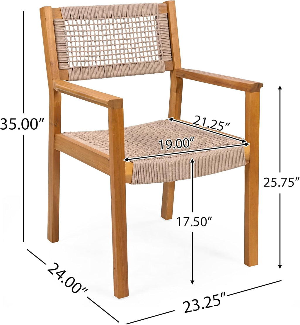Christopher Knight Home Rlyn 5 Pieces Patio Dining Set, Rope Acacia Wood Dining Chair, Woven Armchairs, Round Wood Table for 4, Outdoor Table and Chair for Garden, Backyard, Poolside, Light Brown+Teak