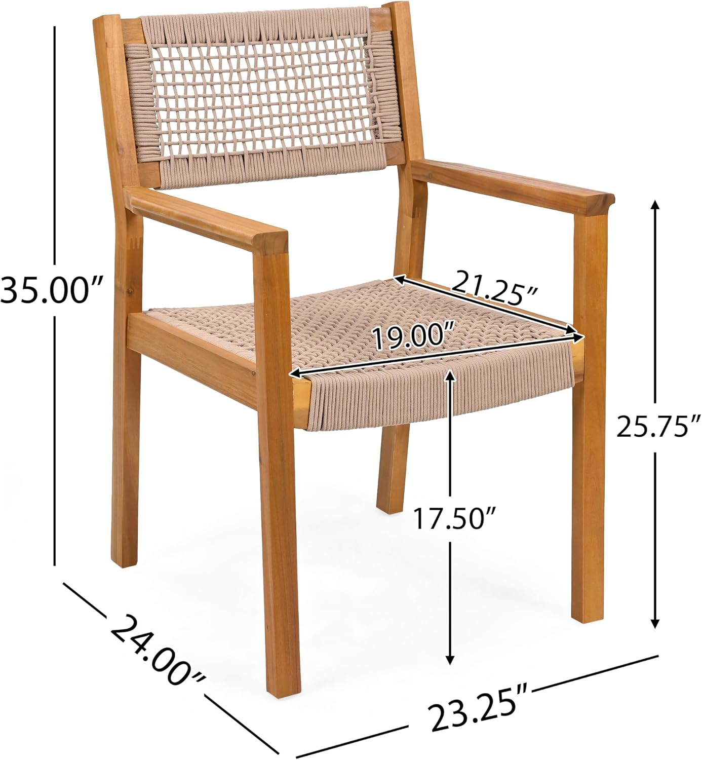 Christopher Knight Home Rlyn 5 Pieces Patio Dining Set, Rope Acacia Wood Dining Chair, Woven Armchairs, Round Wood Table for 4, Outdoor Table and Chair for Garden, Backyard, Poolside, Light Brown+Teak