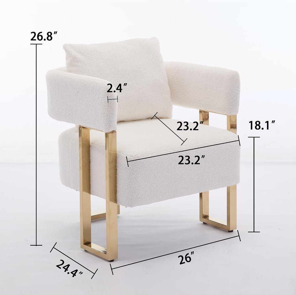 YISHENG Modern Barrel Accent Chairs Set of 2, Living Room Side Chairs with Golden Metal Legs Soft Upholstered Reading Armchairs no Wheels for Vanity/Reception Room//Bedroom/Lounge/Office, White Teddy