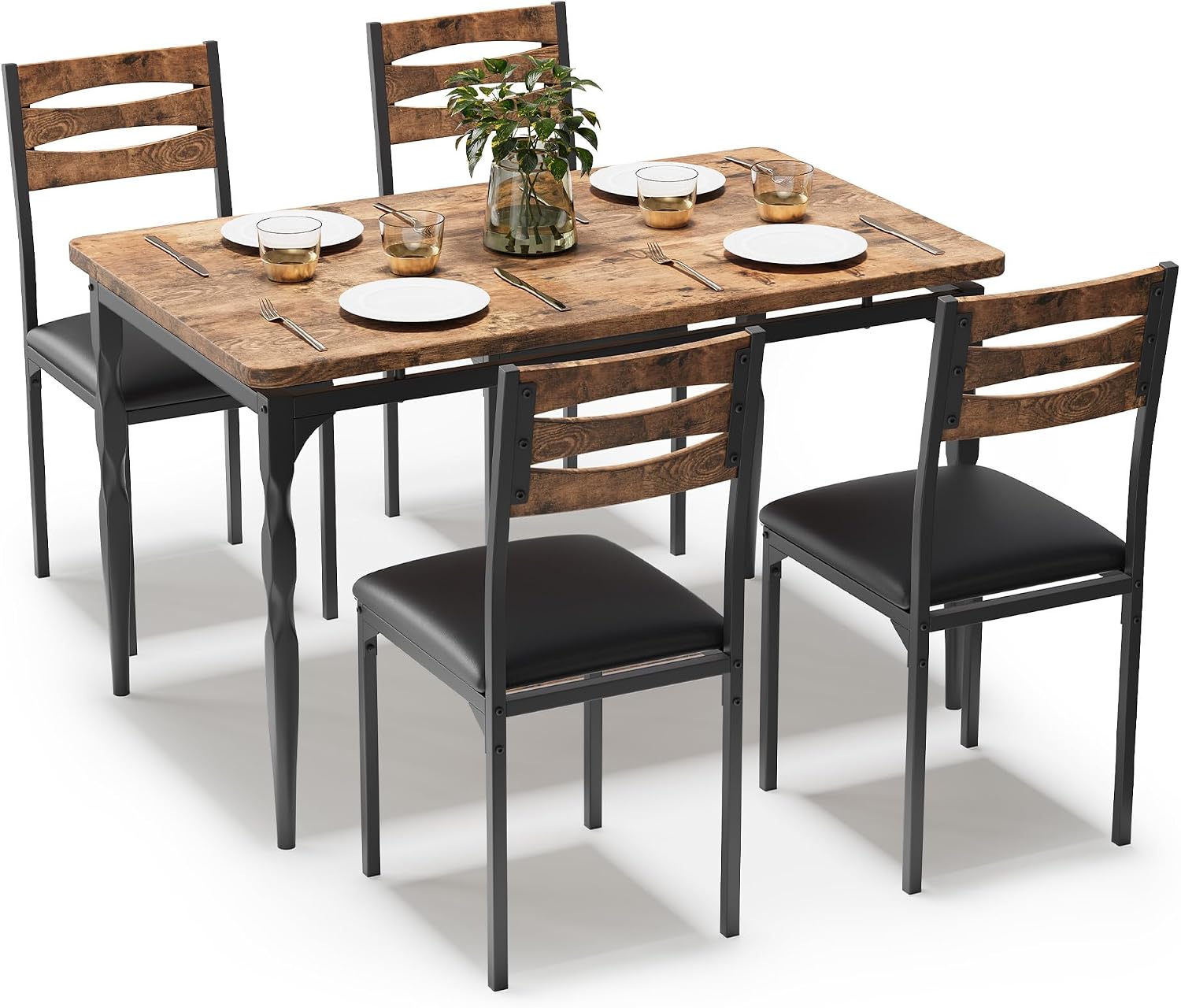 GarveeHome 5 Piece Dining Table Set, Industrial Style Dining Table and Chairs Set for 4, Kitchen Table Set for Dining Room Kitchen Apartment, Brown