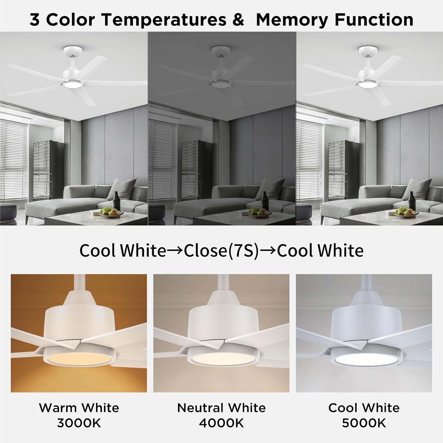ocioc 2 Pack 52 inch Ceiling Fans with Lights and Remote Control, Ultra Quiet DC Motor, 3 Color Temperatures Modern Ceiling Fan for Bedroom Patio Indoor Covered Outdoor White