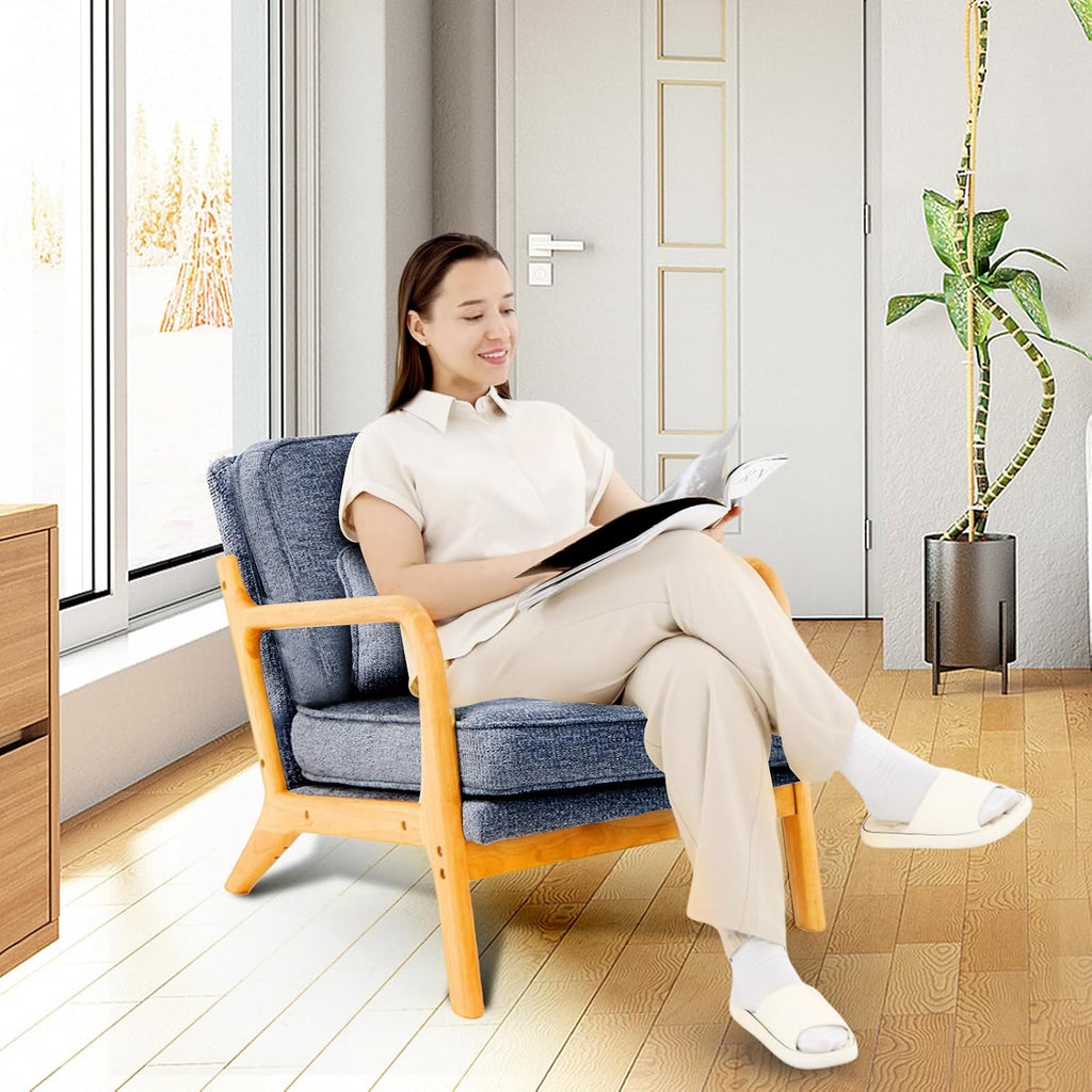MALOL Modern Accent Chair Set of 2 with Lumbar Pillow, Relaxing Mid Century Chair Armchair with Solid Wood Frame & Soft Cushion, Reading Leisure Armchair for Living Room, Blue