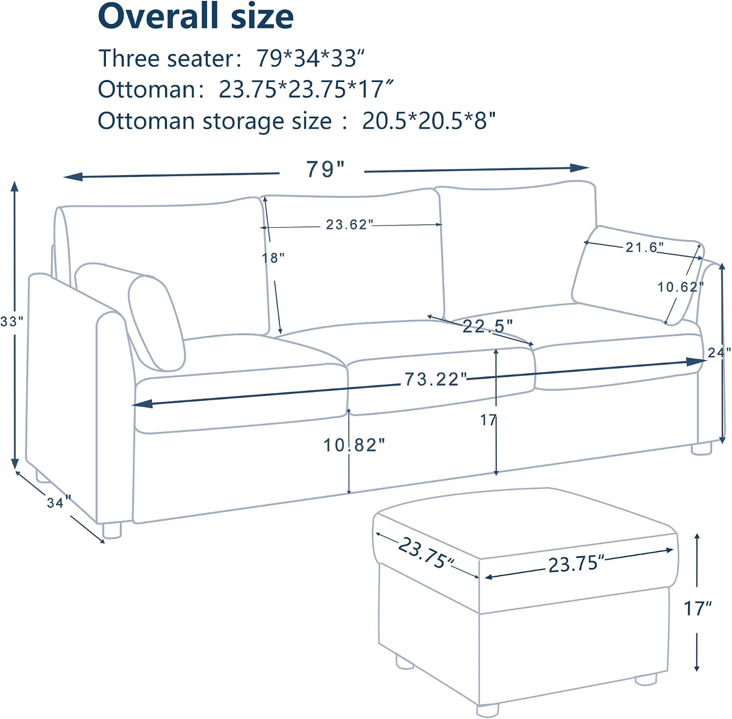 Mofolit 79' Small Couches with Storage Ottoman 3 Seat L Shaped Couch Sectional Sofa with Chaise Lounge for Apartment,Dorm,Bonus Room,Compact Spaces. (Beige, 3+OTT)