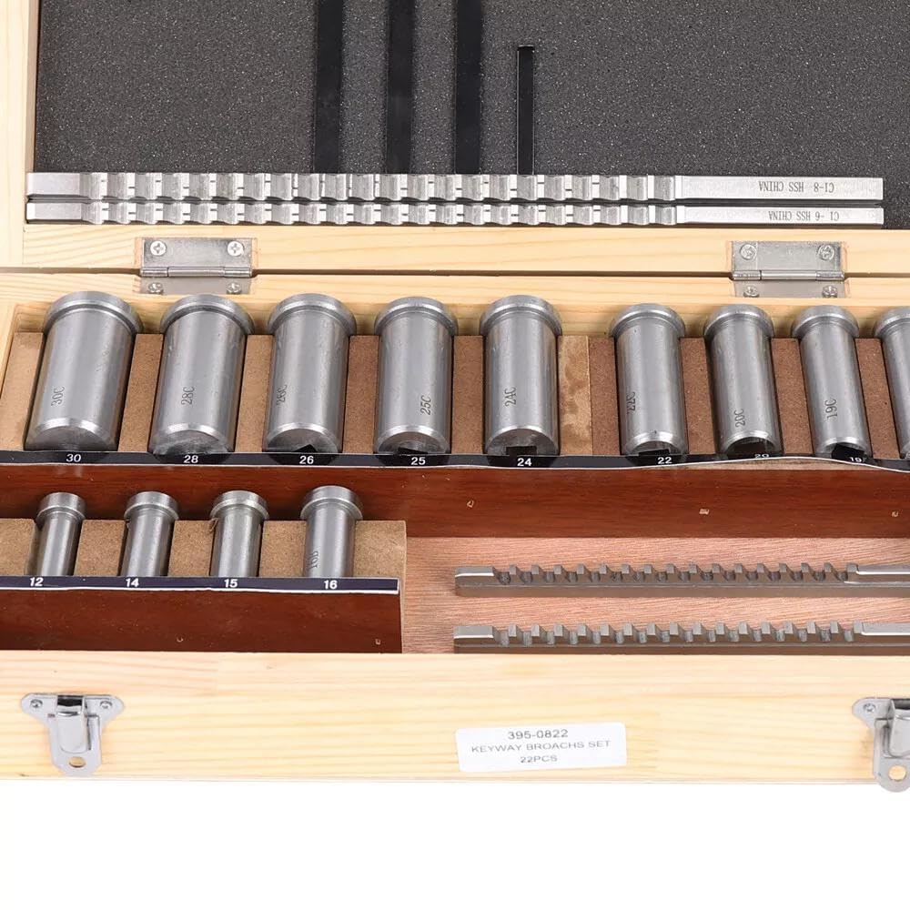22pcs Keyway Broach Set Metric, Keyway Broach Collared Bushing Shim Set Metric, HSS CNC Metalworking Tool w/4 Pcs Broach & 13 Collared Bushing & 5 Gaskets