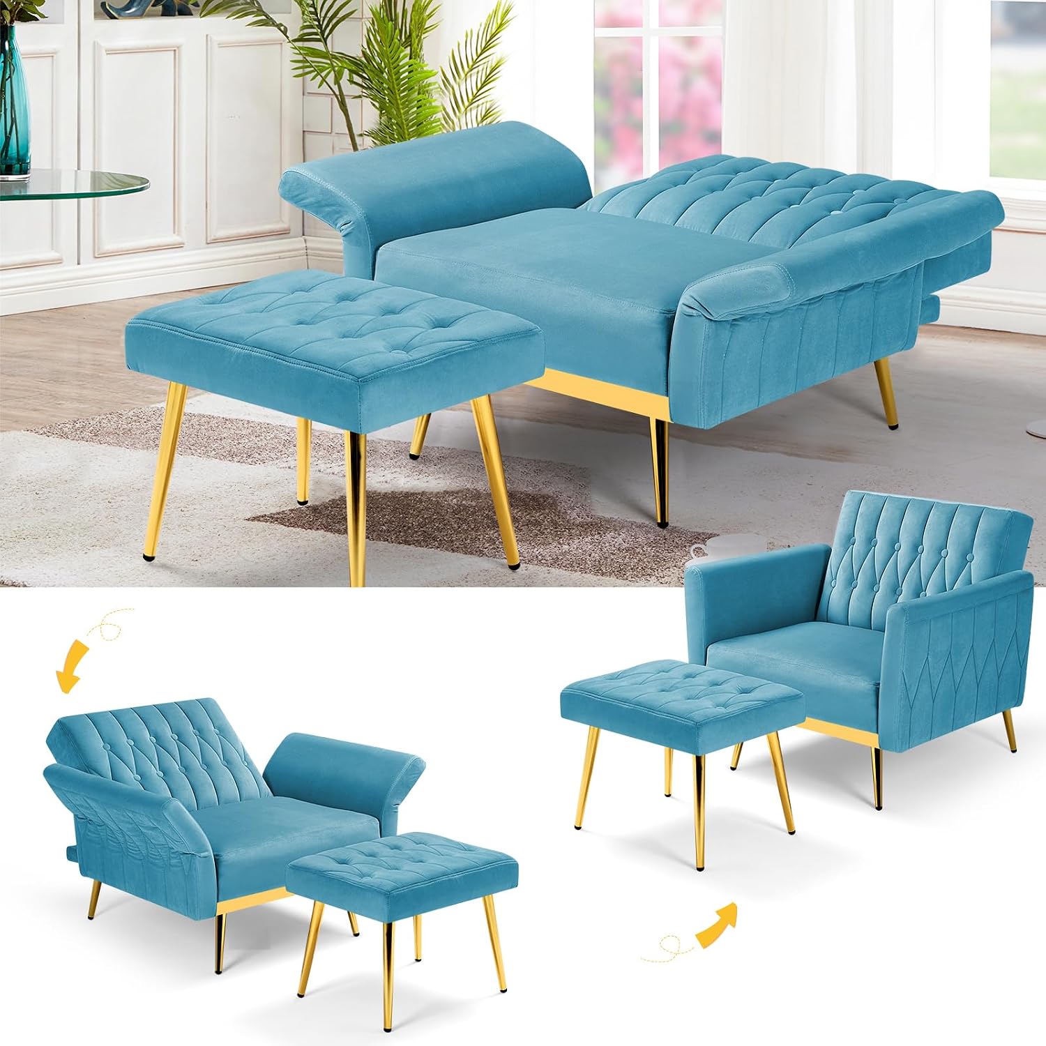 Velvet Accent Chair with Adjustable Armrests and Backrest, Button Tufted Lounge Chair, Single Recliner Armchair with Ottoman and Pillow for Living Room, Bedroom, Baby Blue