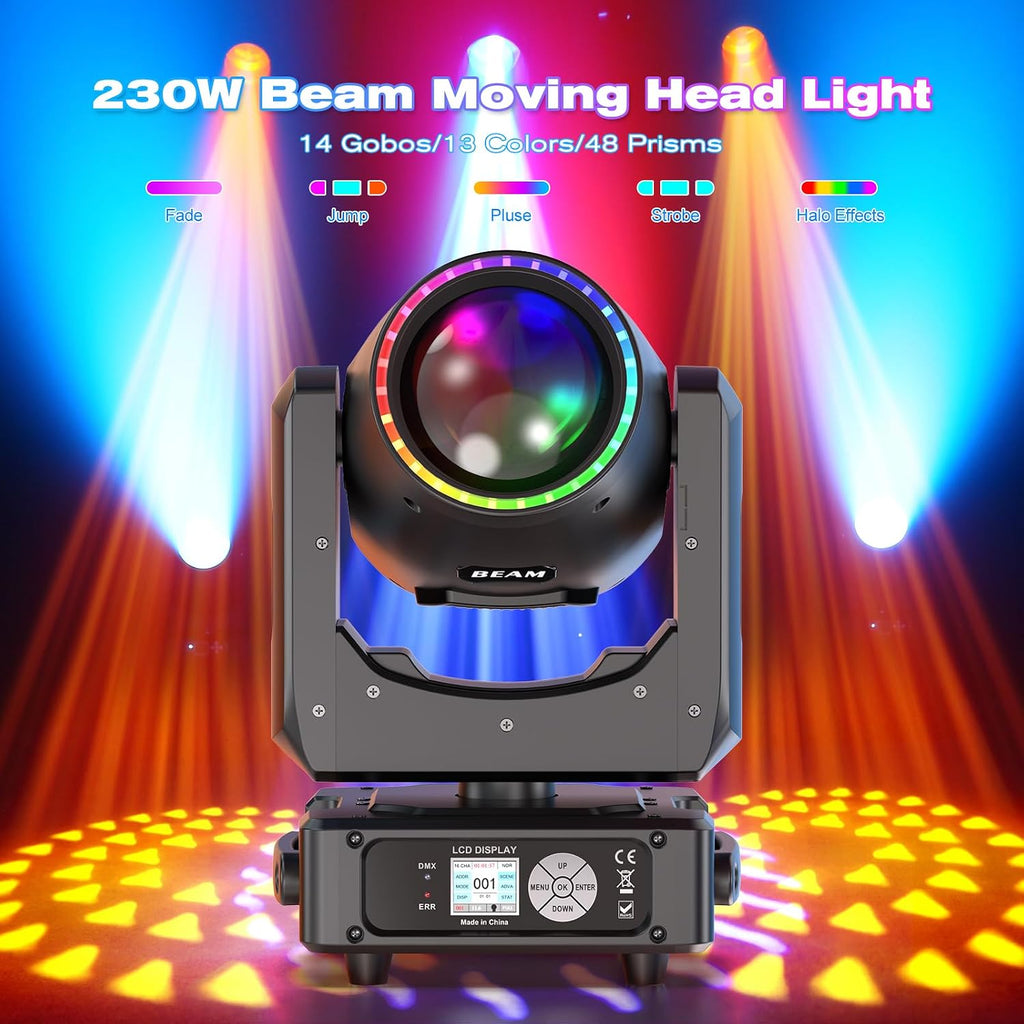 230W 7R Beam Moving Head Stage Light 14 Gobos 14 Colors Prisms/Wash/Beam/Frost/Rainbow Stage Effect Spotlights 48-Facet Prism 2.3° Beam Angle 18CH DMX512 Sound Activated Lights