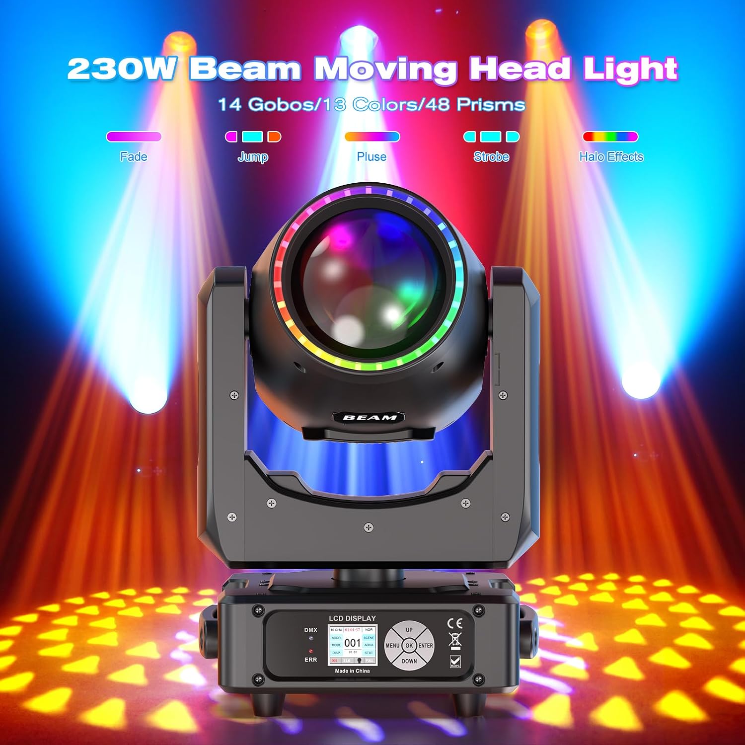 230W 7R Moving Head Stage Lights,48-Facet Prism 14Gobos 14 Colors,27 * 0.5W LED Wash/Beam/Frost/Rainbow, 18CH DMX512 Sound Activated (6-Pack)