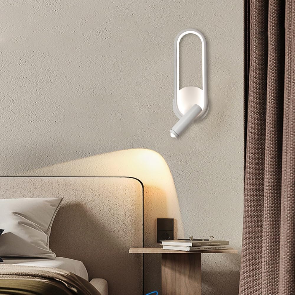 Modern Ring LED Wall Light, Metal Linear Wall Lamps with Swivel Spotlight, Indoor Wall Lighting Fixtures, 3-Color Temperature Wall Mounted Lamp for Living Room Bedroom Porch Hallway Bedside (White)