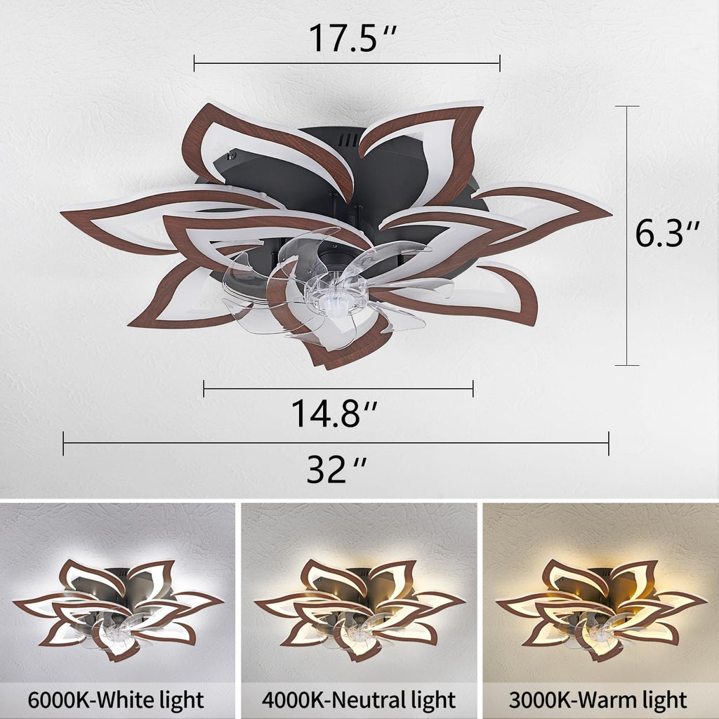 Dalouguan Modern Ceiling Fan with Lights Remote Control, 32' Wood Ceiling Fan with Light, 6 Speeds 3 Light Color Low Profile Flush Mount Ceiling Fan for Kitchen Bedroom