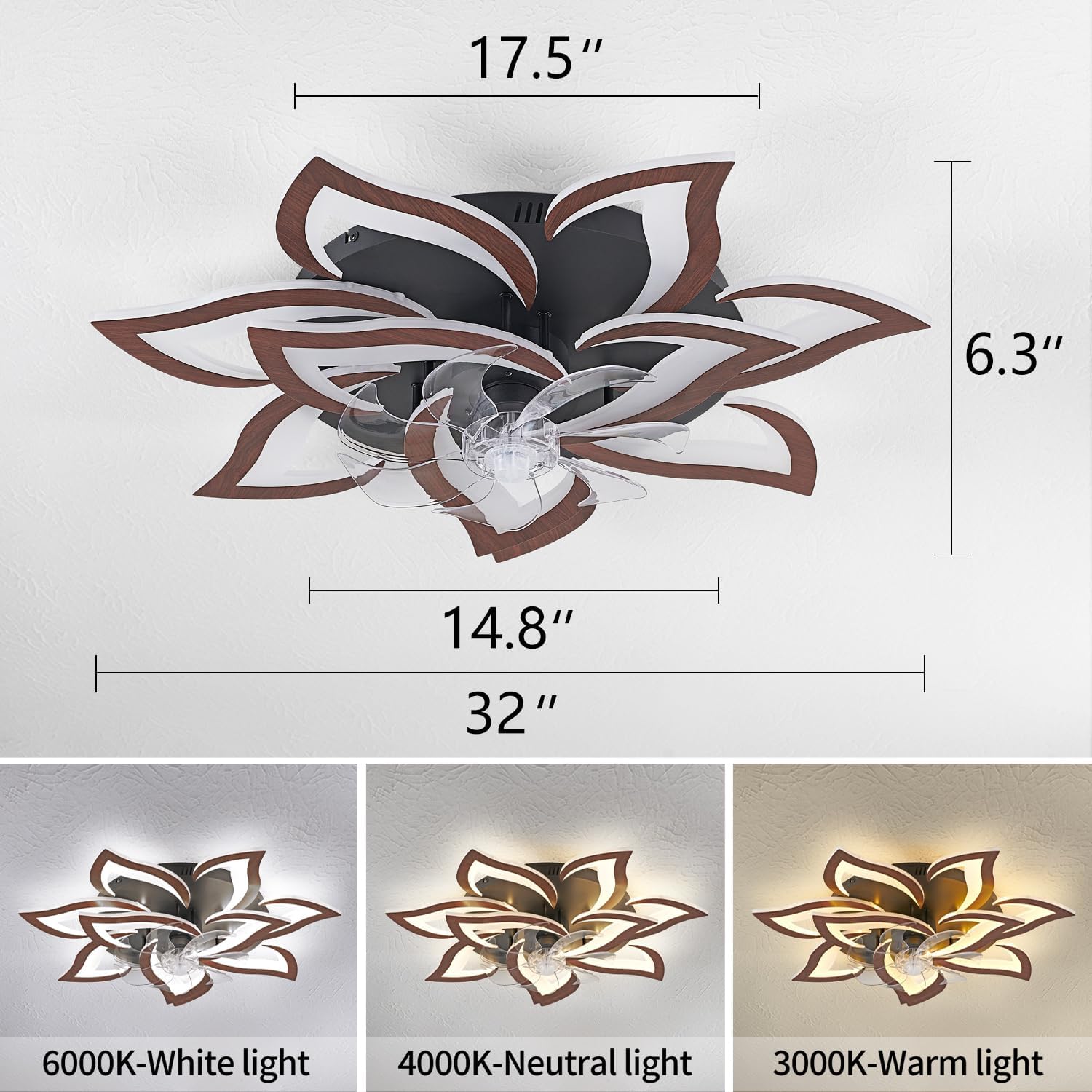 Dalouguan Modern Ceiling Fan with Lights Remote Control, 32' Wood Ceiling Fan with Light, 6 Speeds 3 Light Color Low Profile Flush Mount Ceiling Fan for Kitchen Bedroom