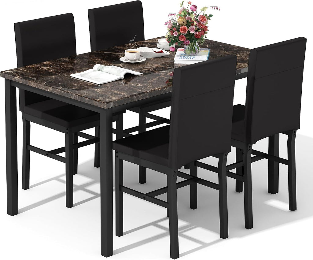 DKLGG Dining Table Set for 4, Modern Kitchen & Dining Room Sets Faux Marble Table with 4 Leather Chairs for Small Space, Home Kitchen, Apartment, Brown