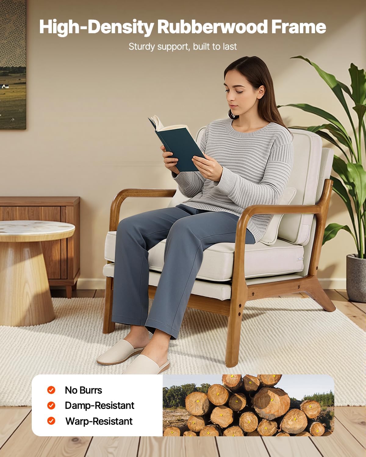 VEVOR Accent Chair, Mid Century Modern Armchair with Solid Wood Frame and Non-Slip Legs, Upholstered Leisure Chair with Linen Fabric and 5.7 in Thickened Cushion, for Living Room, Bedroom, Office
