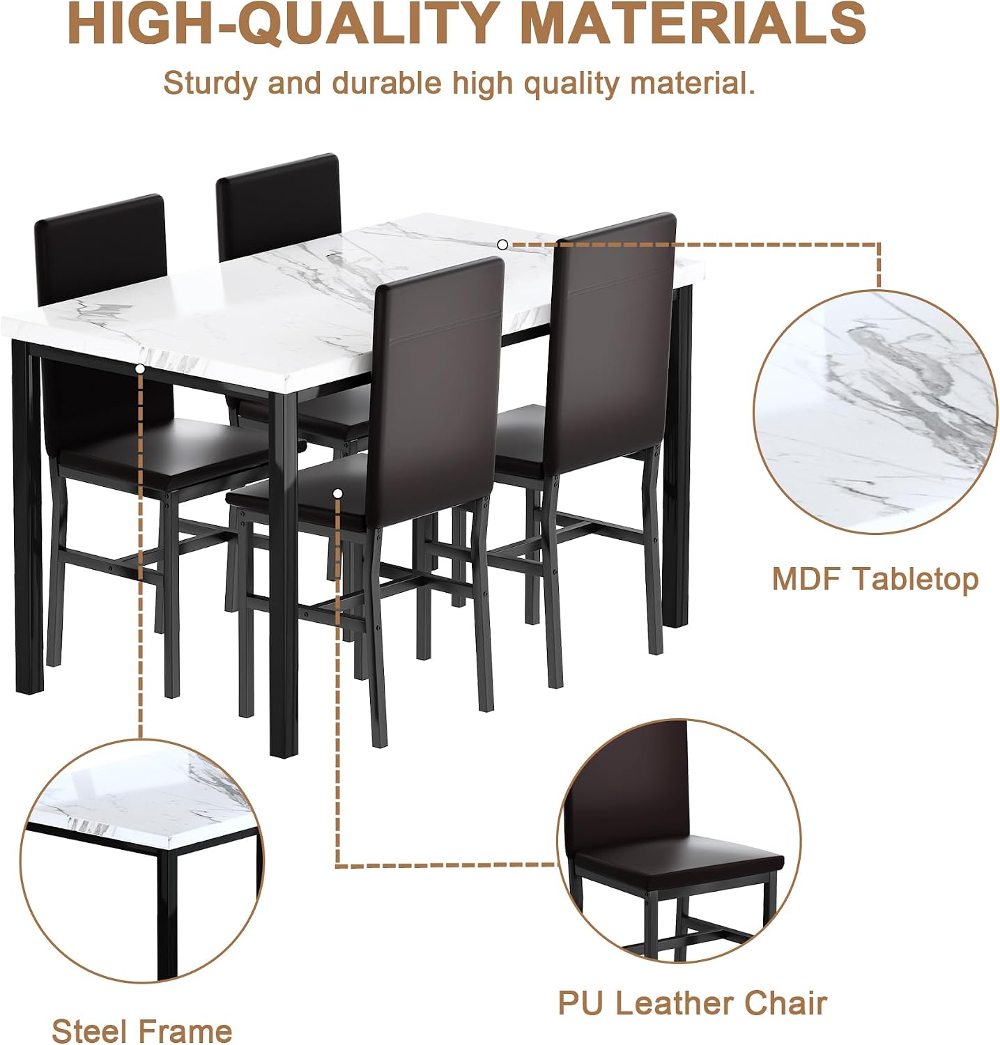 DKLGG Dining Table Set for 4, Modern Kitchen & Dining Room Sets Faux Marble Table with 4 Leather Chairs for Small Space, Home Kitchen, Apartment, White
