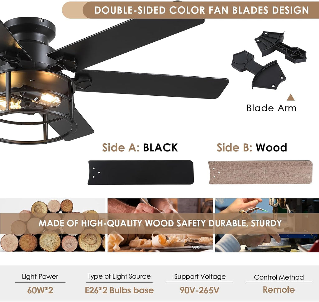 Hounberi 52' Caged Ceiling Fan with Lights and Remote, 6-Speed Quiet DC Motor & E26 Base, 6 Reversible Blades for Black & Wood, Modern Rustic Low Profile Ceiling Fans for Bedroom & Living Room