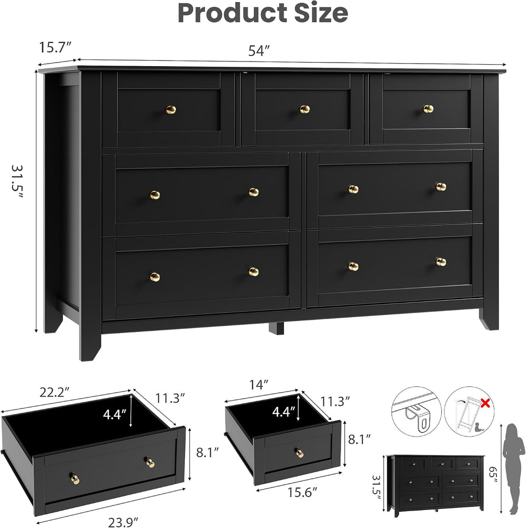 IDEALHOUSE Black 7 Drawer Dresser for Bedroom, 54' Wide Dresser with Deep Drawers & Metal Knobs, Modern Large Wooden Chests of Drawers for Entryway, Hallway