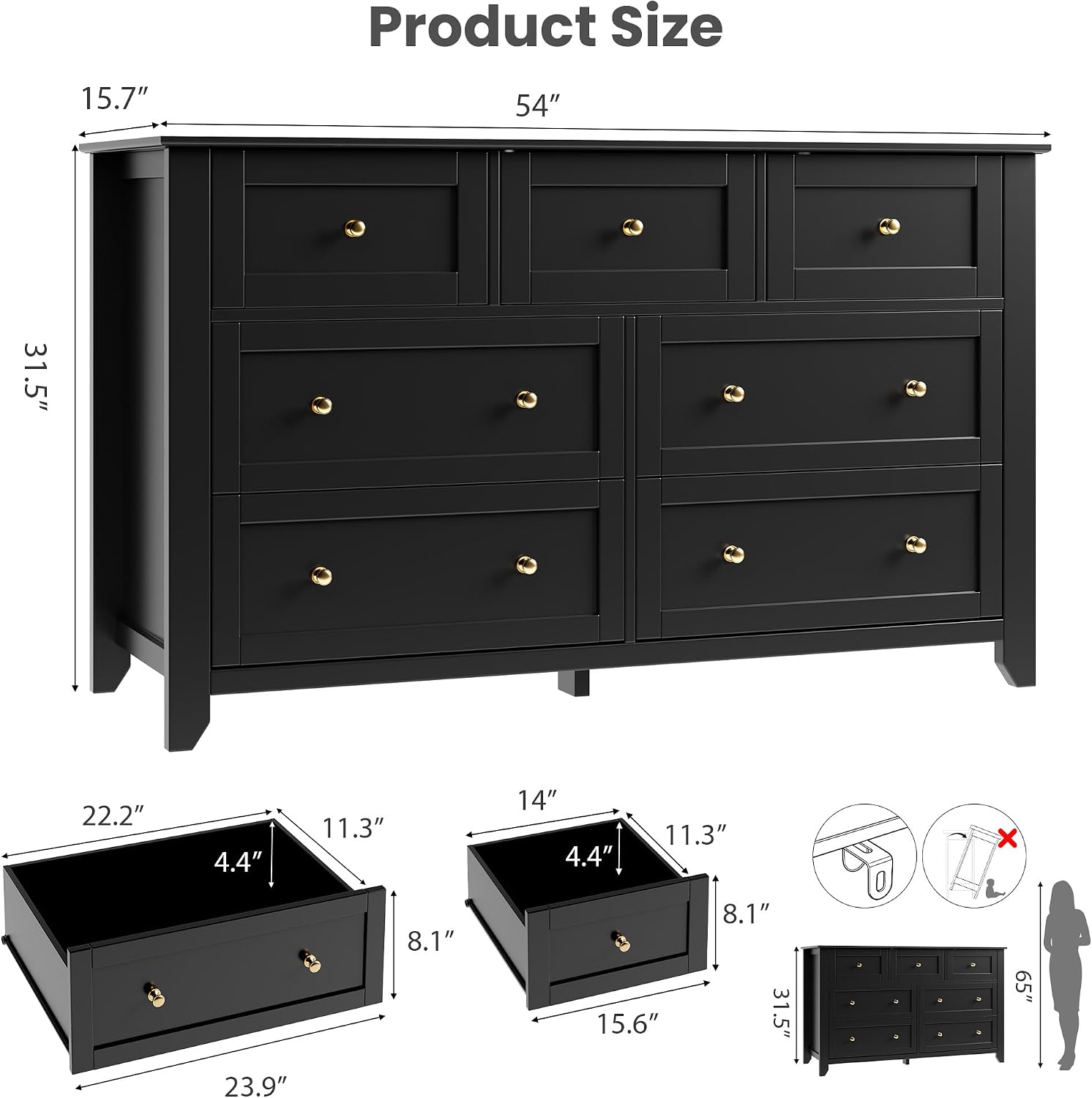IDEALHOUSE Black 7 Drawer Dresser for Bedroom, 54' Wide Dresser with Deep Drawers & Metal Knobs, Modern Large Wooden Chests of Drawers for Entryway, Hallway