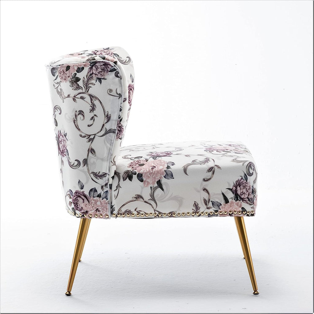 Container Furniture Direct Thia Armless Accent Chair for Living Room, Elegant Seat with Nailhead Trim, Gold Metal Legs and Comfortable Curved Back, 28' D x 25' W x 29.5' H, 02 Floral Print