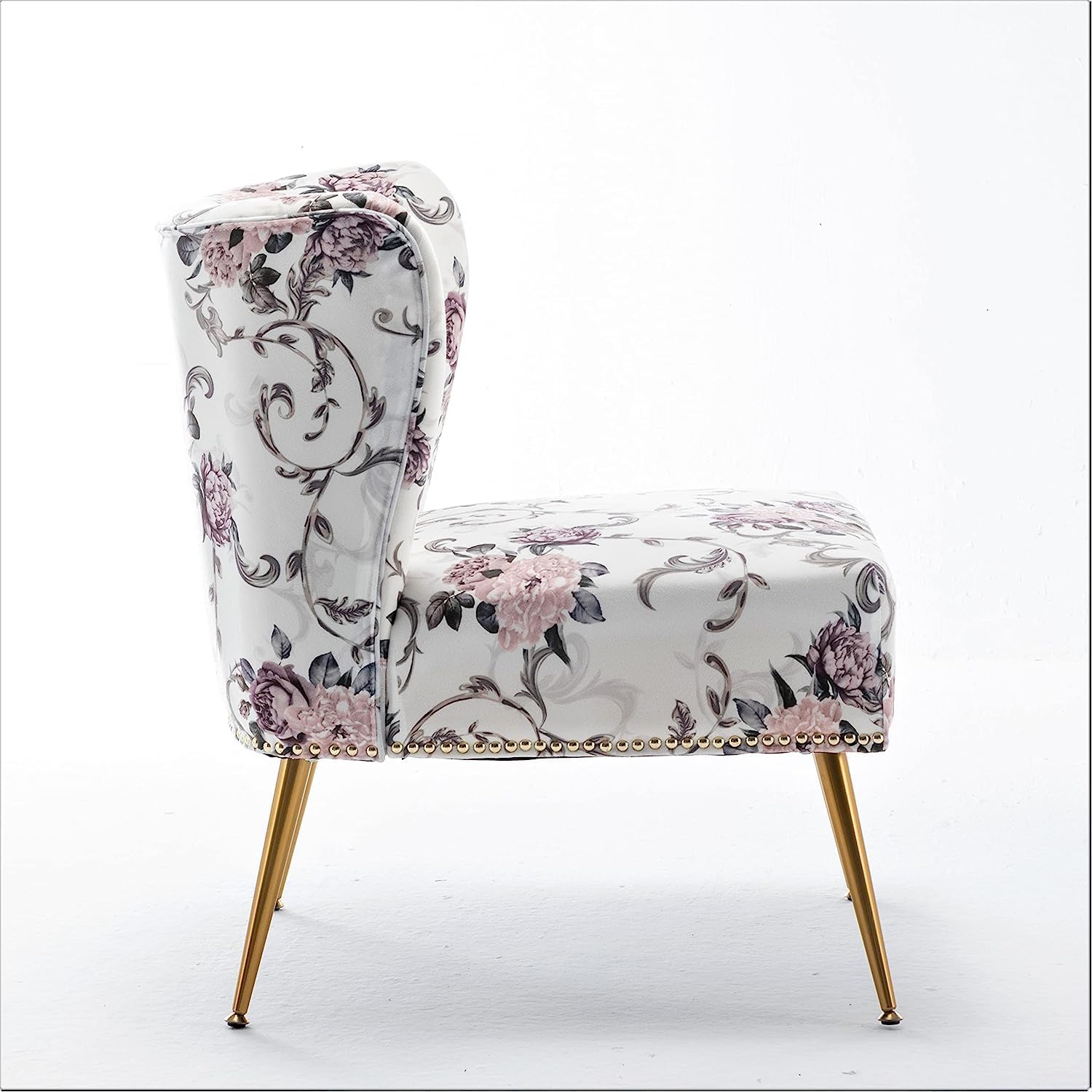 Container Furniture Direct Thia Armless Accent Chair for Living Room, Elegant Seat with Nailhead Trim, Gold Metal Legs and Comfortable Curved Back, 28' D x 25' W x 29.5' H, 02 Floral Print