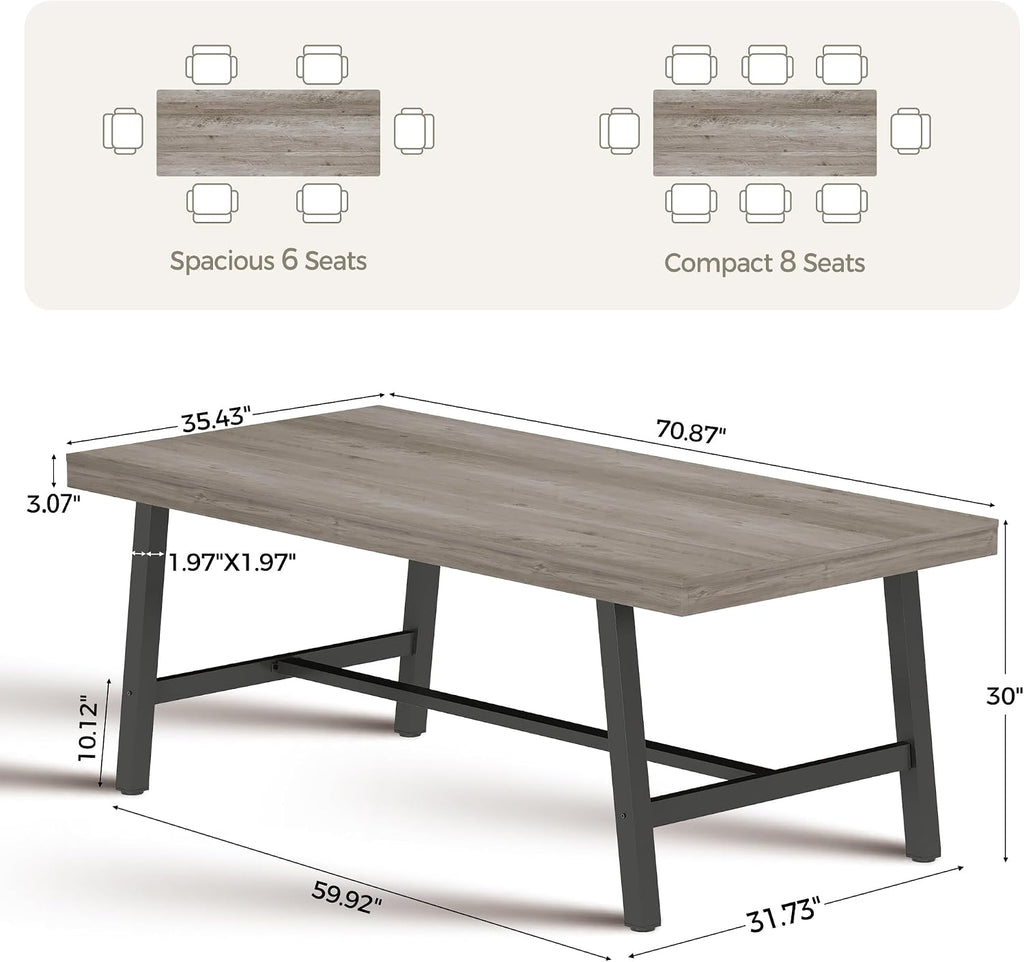 70 Inch Farmhouse Dining Table for 6 to 8, Large Rectangular Dinner Table for Dining Room, Home Office, Living Room, Gray