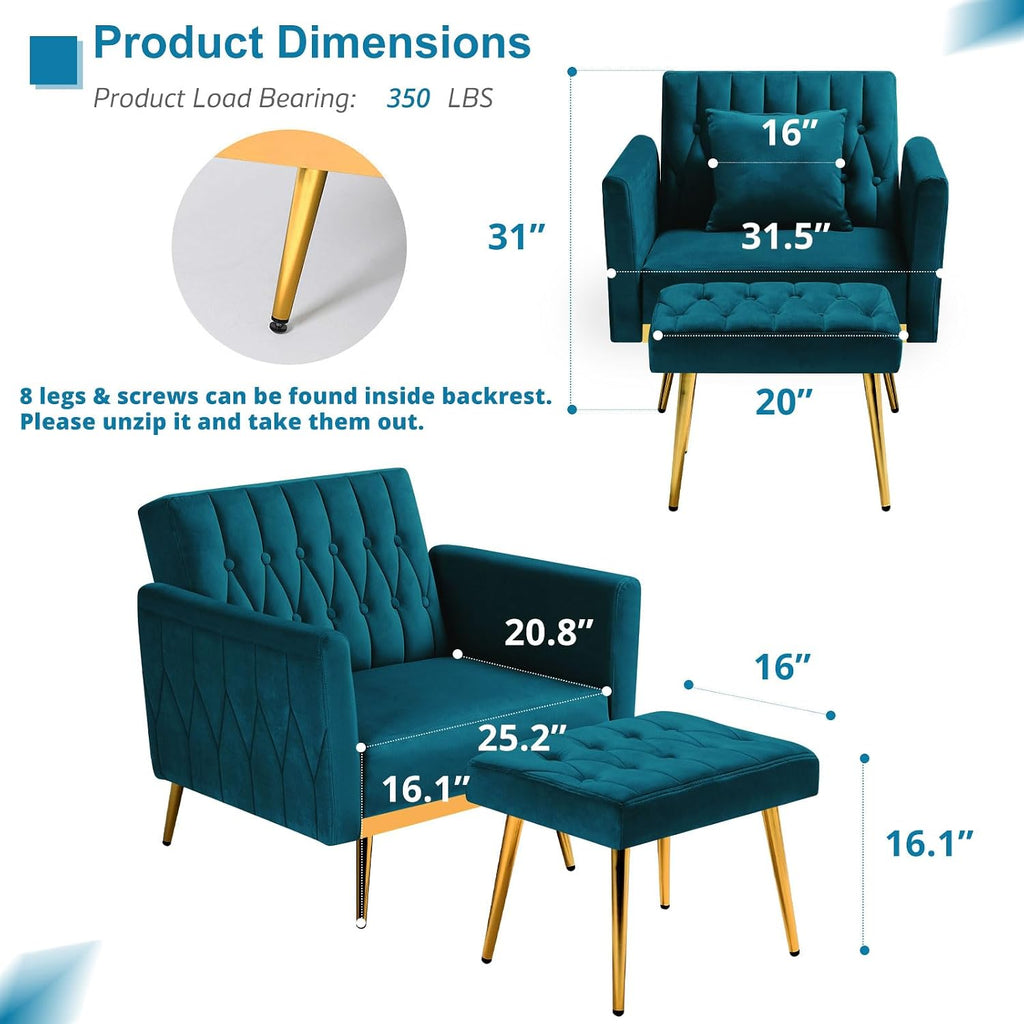 Velvet Accent Chair with Adjustable Armrests and Backrest, Button Tufted Lounge Chair, Single Recliner Armchair with Ottoman and Pillow for Living Room, Bedroom,Teal