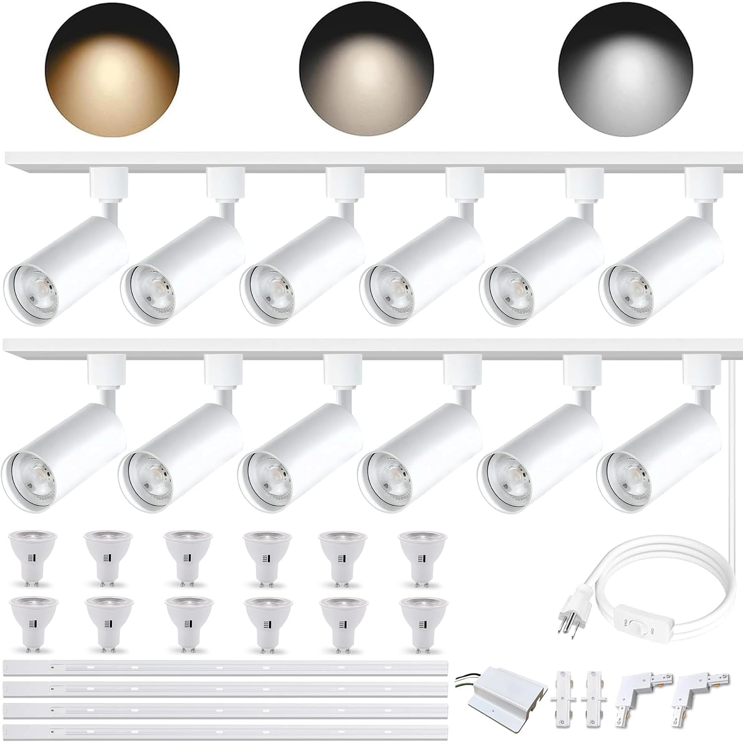 Plug in 3CCT White Track Lighting Complete Kit with 4*3.28FT H Track Light Rails and 120V 12x10W GU10 Track Lighting Heads Brightness Dimmable Ceiling Spotlight Fixture for Accent Lighting