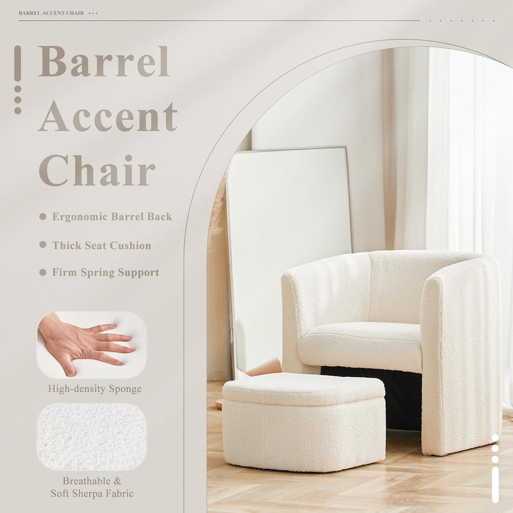 COLAMY Velvet Morden Living Room Chair with Storage Ottoman, Barrel Accent Chair with Lounge Seat for Bedroom/Reading Spaces, Rubberwood, Sponge Foam, Cream
