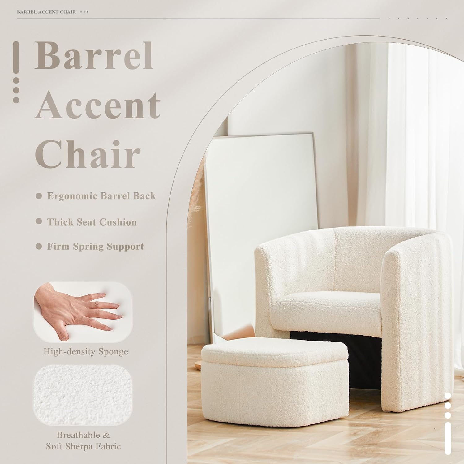 COLAMY Velvet Morden Living Room Chair with Storage Ottoman, Barrel Accent Chair with Lounge Seat for Bedroom/Reading Spaces, Rubberwood, Sponge Foam, Cream