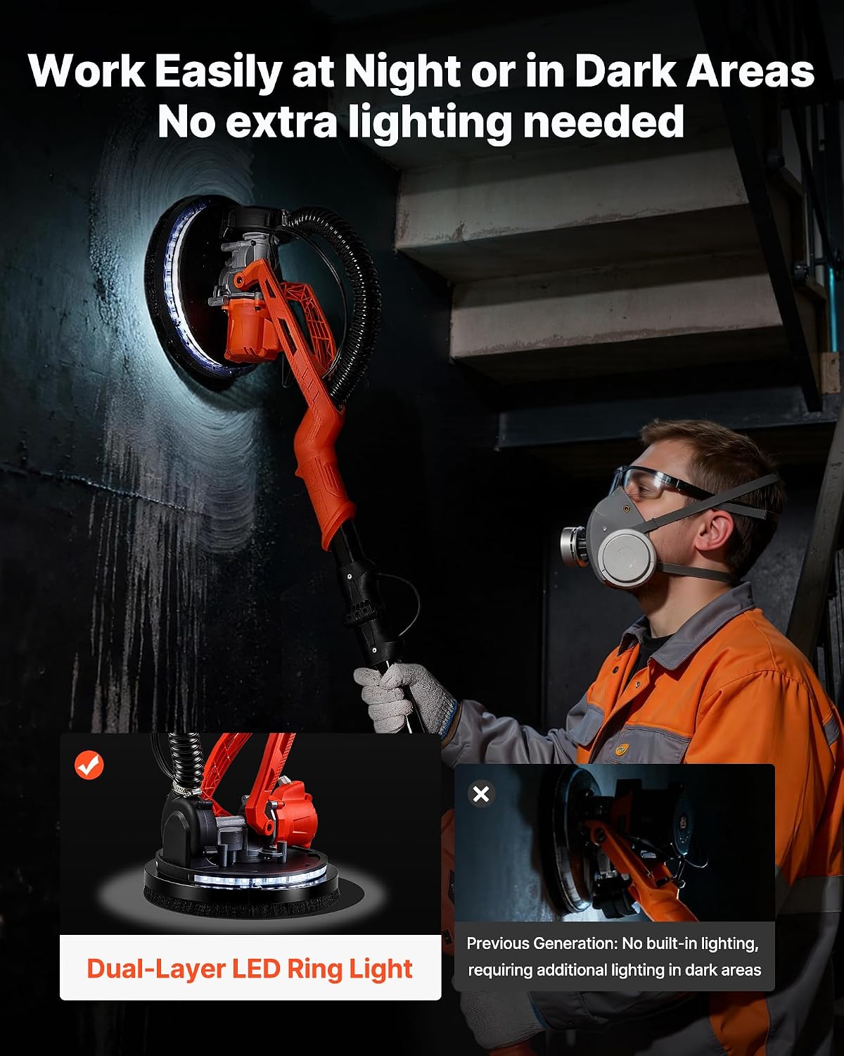 VEVOR Drywall Sander, 450W Cordless Electric Sander, Popcorn Ceiling Removal Tool with Vacuum Dust Collection, 7 Variable Speed 0-1600 RPM, LED Light, Foldable & Extendable Handle, 15 Sanding Discs