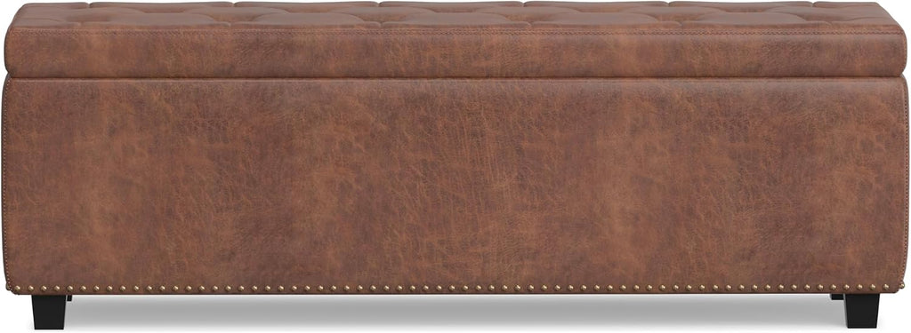 SIMPLIHOME Hamilton Storage Ottoman - 48 inch Wide Upholstered Vegan Leather Rectangle Storage Ottoman Bench in Distressed Umber Brown, Traditional Tufted Ottoman for Living Room with Lift-Up Lid