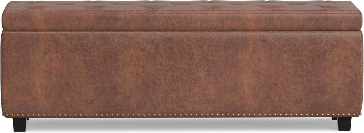 SIMPLIHOME Hamilton Storage Ottoman - 48 inch Wide Upholstered Vegan Leather Rectangle Storage Ottoman Bench in Distressed Umber Brown, Traditional Tufted Ottoman for Living Room with Lift-Up Lid